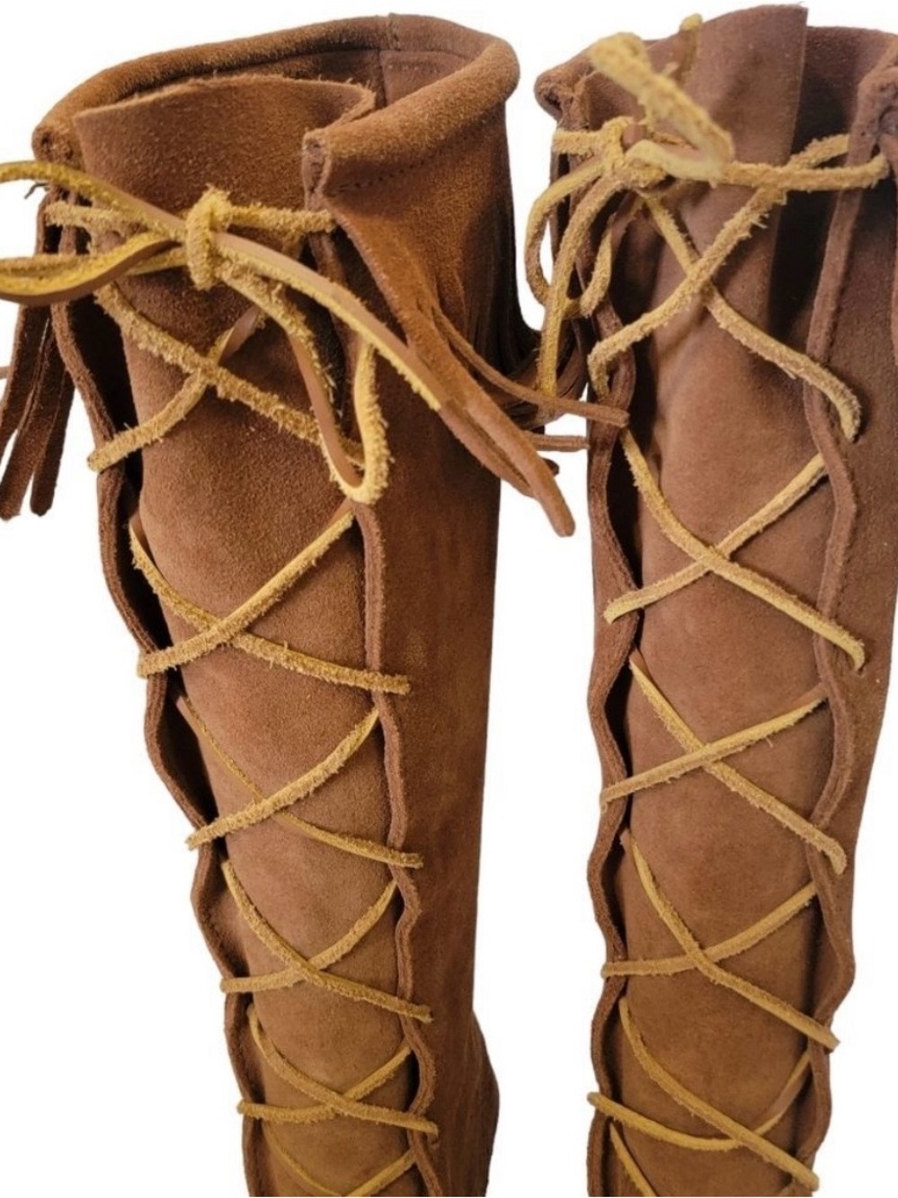 Minnetonka Chestnut Brown Suede Lace-Up Over-the-Knee Fringe Boots - Picture 3 of 10